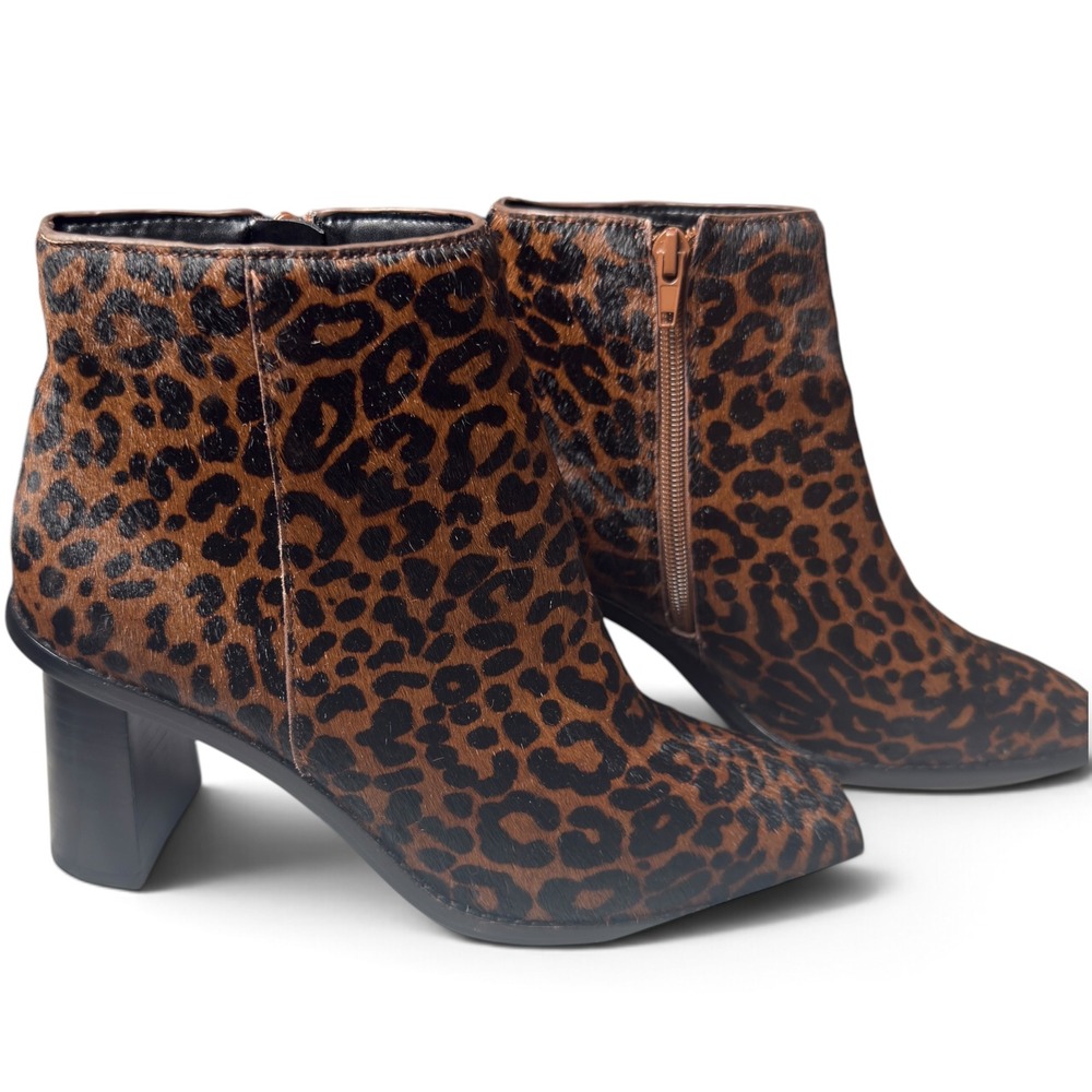Gibson + Latimer Leopard Cow Hair Ankle Boots Women 8M Square Toe Block Heel